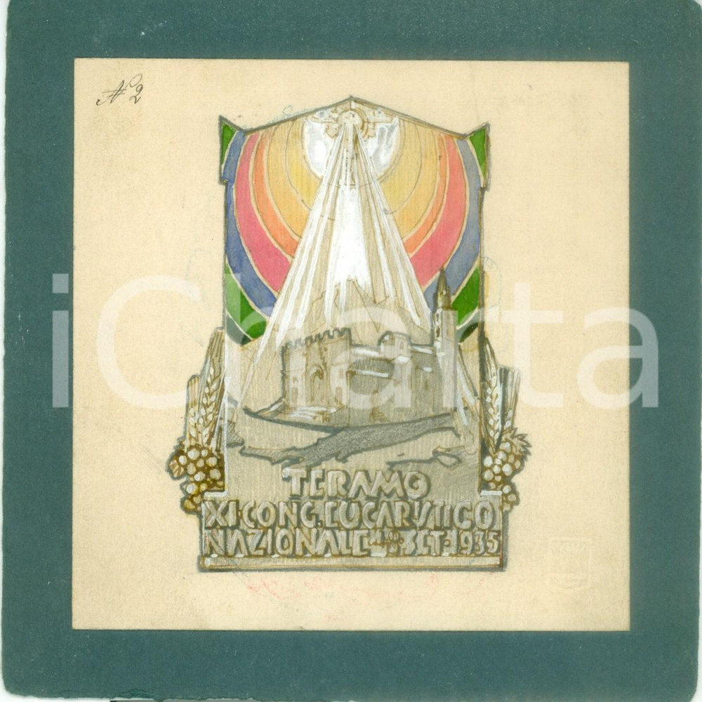 Stampa, bozzetto originale 1935 TERAMO XI Congresso Eucaristico Nazionale Bozzetto DISEGNATO A MANO 1