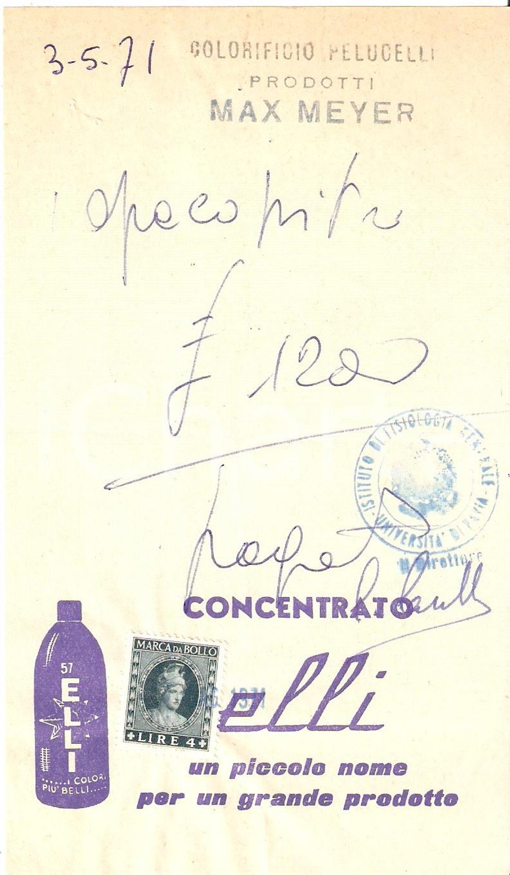 Materiale pubblicitario d’epoca 1971 PAVIA Colorificio PELLUCELLI Concentrato ELLI Vernici Ricevuta 10x15 1