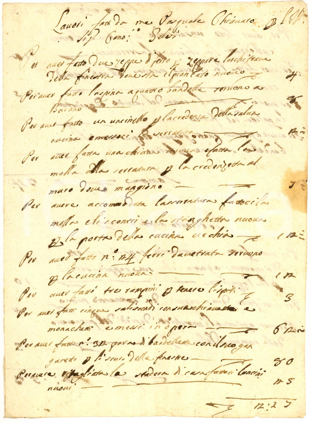 Documento originale, autentico 1780 ca SPOLETO PG Conto per lavori del chiavaro Pasquale Manoscritto 1