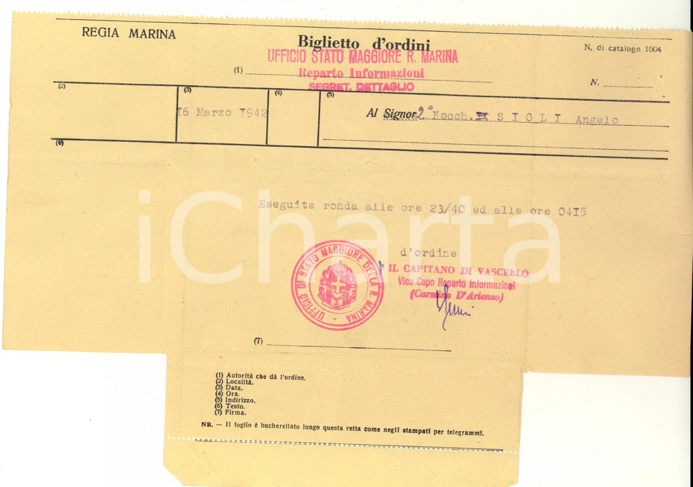 Documento originale, autentico 1942 WW2 REGIA MARINA Biglietto d'ordini per ronda notturna al nocchiero SIOLI 1
