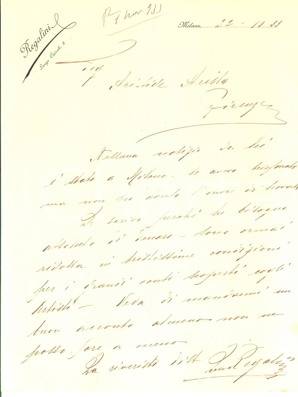 Manoscritto, lettera originale 1933 MILANO Modista Lucia REGALINI chiede saldo agli attori di Aristide ARISTA 1