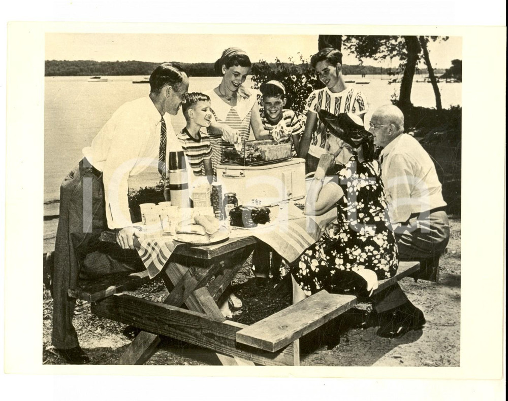 Fotografia d epoca originale 1950 ca USA Un moderno picnic in famiglia Foto COSTUME VINTAGE 18x13 1