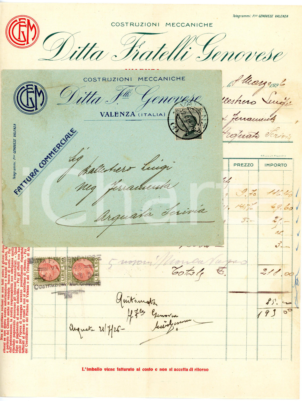 1926 VALENZA Ditta Fratelli GENOVESE Costruzioni meccaniche - Fattura con busta Fattura commerciale d'epoca, manoscritta, su carta intestata. Con busta. Presenti marche da bollo.CONDIZIONI: FAIR (piegature d'epoca)PAGINE: 1    originale e autentica 1