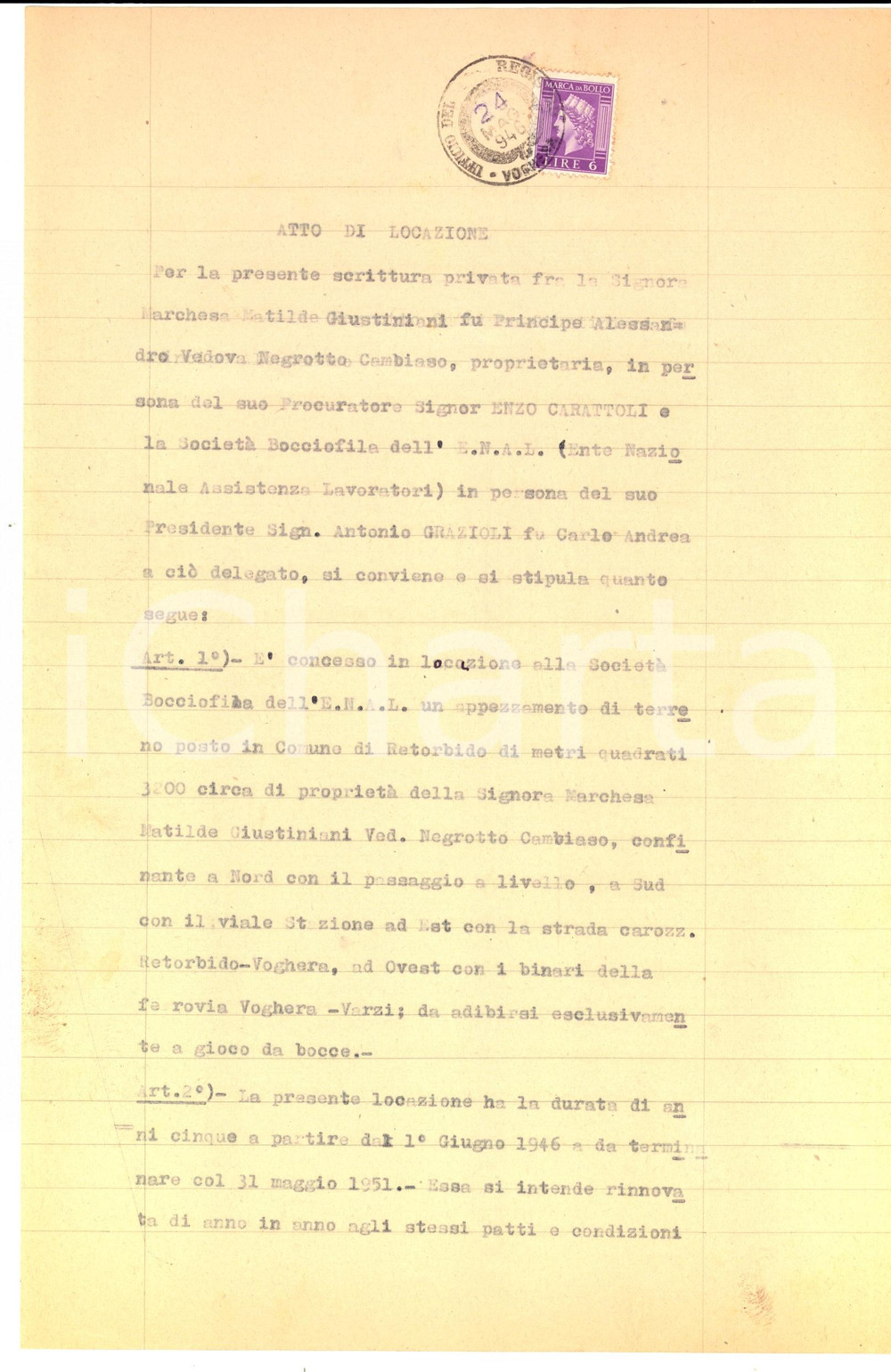 Documento originale, autentico 1946 RETORBIDO Matilde NEGROTTO CAMBIASO affitta fondo alla Società BOCCIOFILA 1