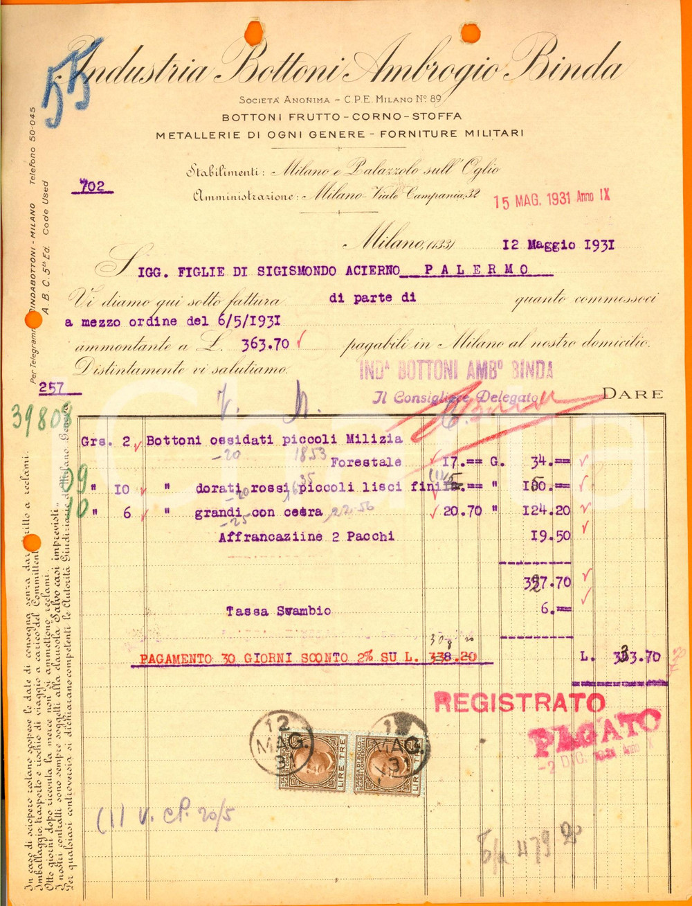Documento originale, autentico 1931 MILANO Industria Bottoni Ambrogio BINDA Fattura intestata 1