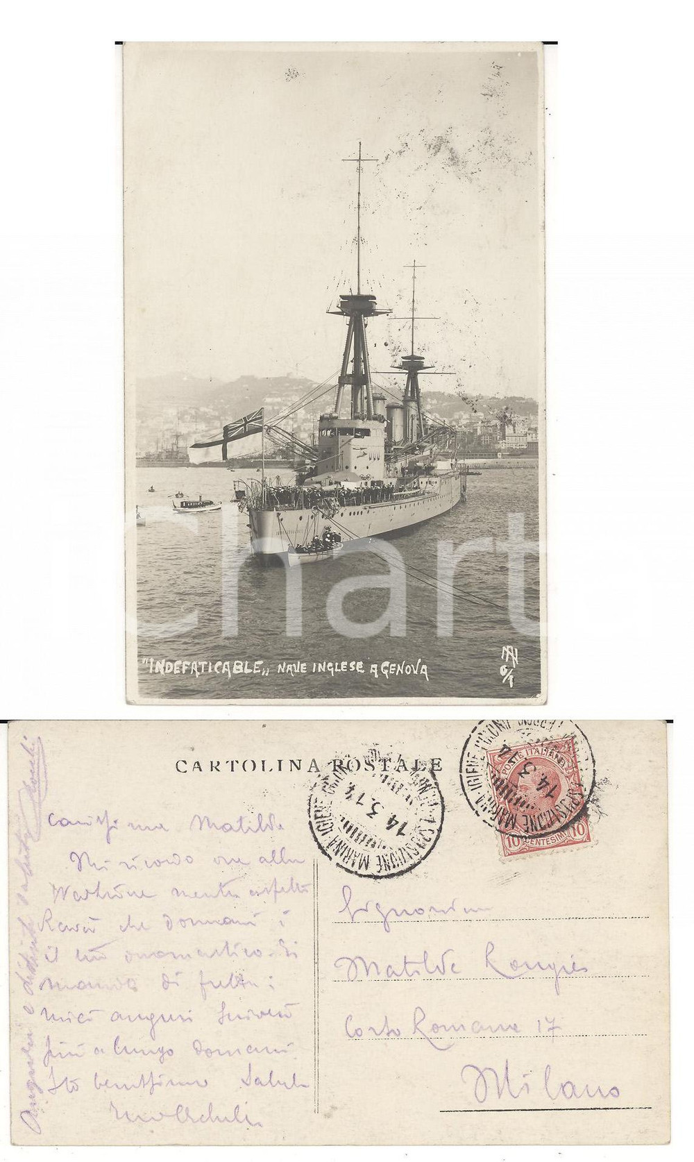 Cartolina originale da collezione 1914 STORIA POSTALE Nave INDEFATICABLE Annullo IGIENE MARINA COLONIE RARA 1