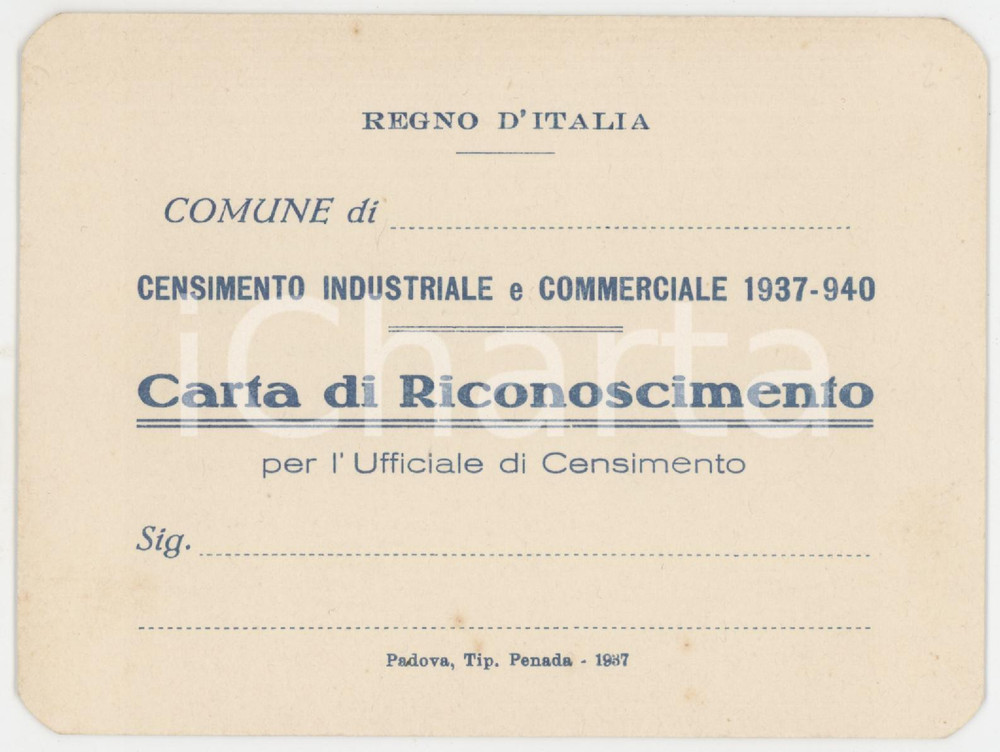 1937 REGNO D'ITALIA Censimento industriale commerciale - Tessera per Ufficiale
