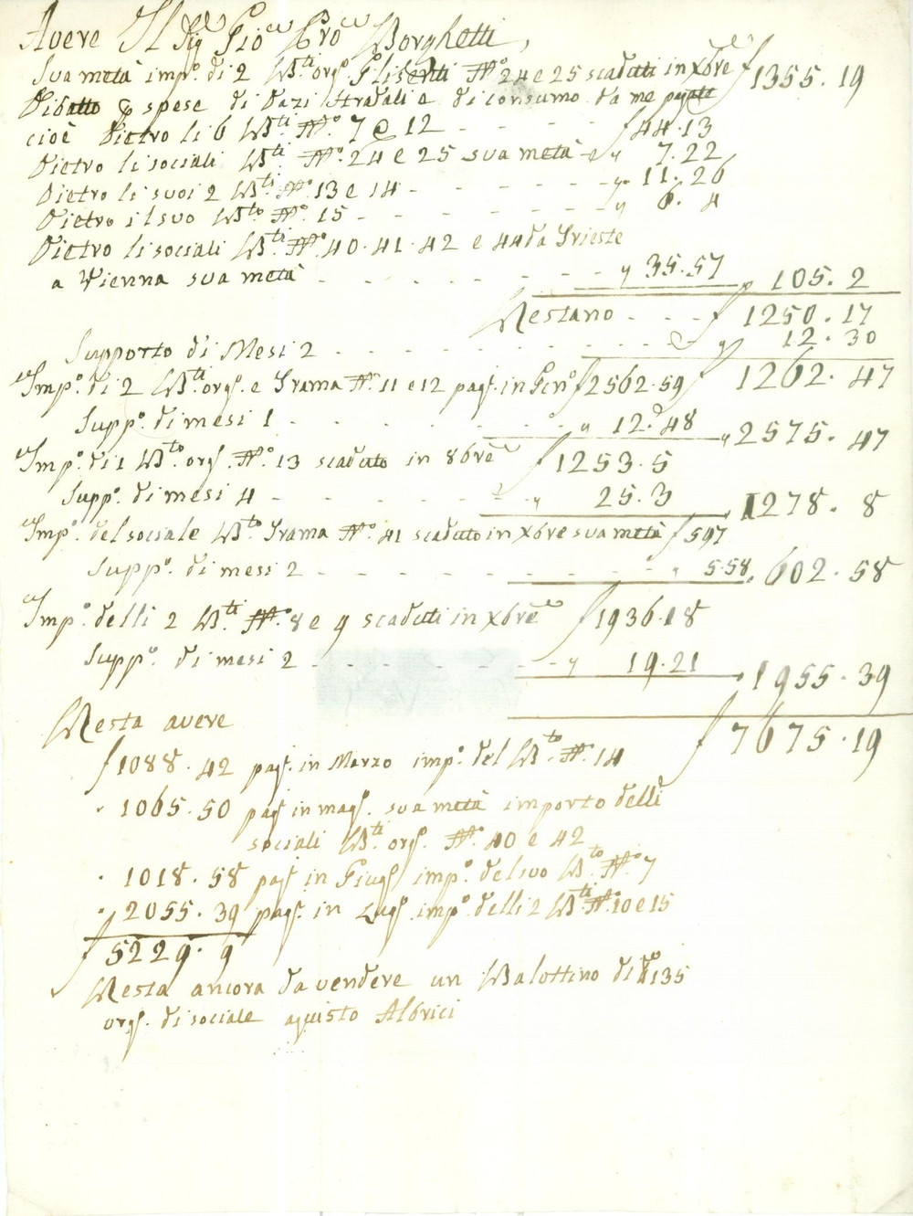 Documento originale, autentico 1795 ca BRESCIA Giovanni Pietro BORGHETTI Conto dare e avere Fattura manoscritta 1