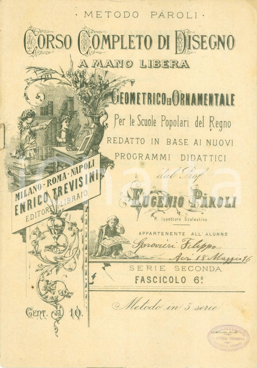 Documento originale, autentico 1920 ca Eugenio PAROLI Corso completo di disegno a mano libera Fascicolo 6 1