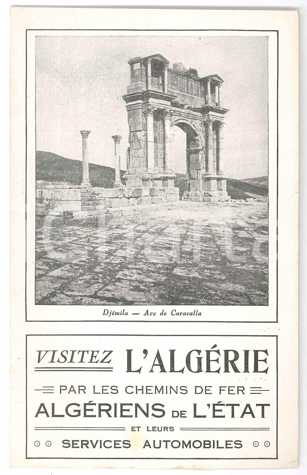 Materiale pubblicitario d’epoca 1915 ca CHEMINS DE FER  ALGERIE  DJEMILA Pieghevole pubblicitario 1