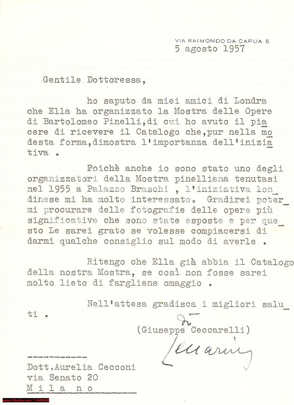 Autografo originale 1957 ROMA Mostra Bartolomeo PINELLI Giuseppe CECCARELLI 1