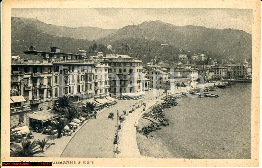 Cartolina originale da collezione 1935 Rapallo - Lungomare animato con automobili 1