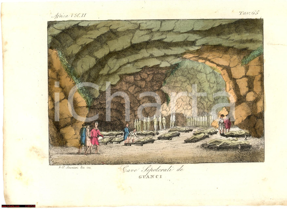 Stampa, bozzetto originale 1823 Andrea BERNIERI Incisore Cave sepolcrali GUANCI  Colorata a mano 1