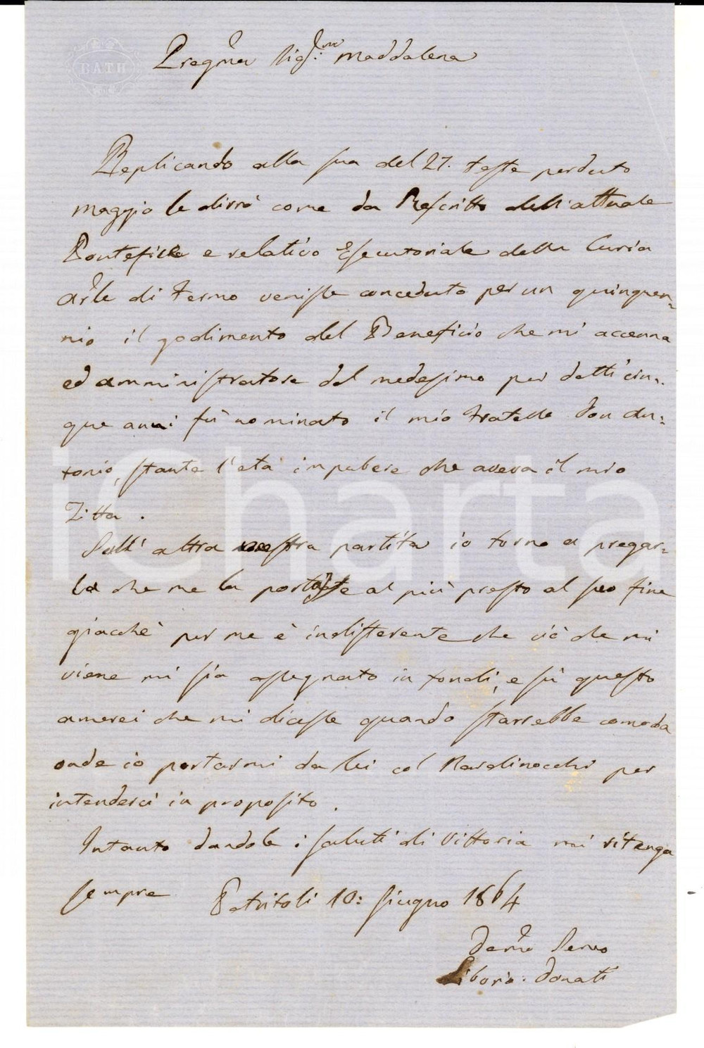 Manoscritto, lettera originale 1864 PETRITOLI (AP) Liborio DONATI su godimento beneficio ecclesiastico *Lettera 1