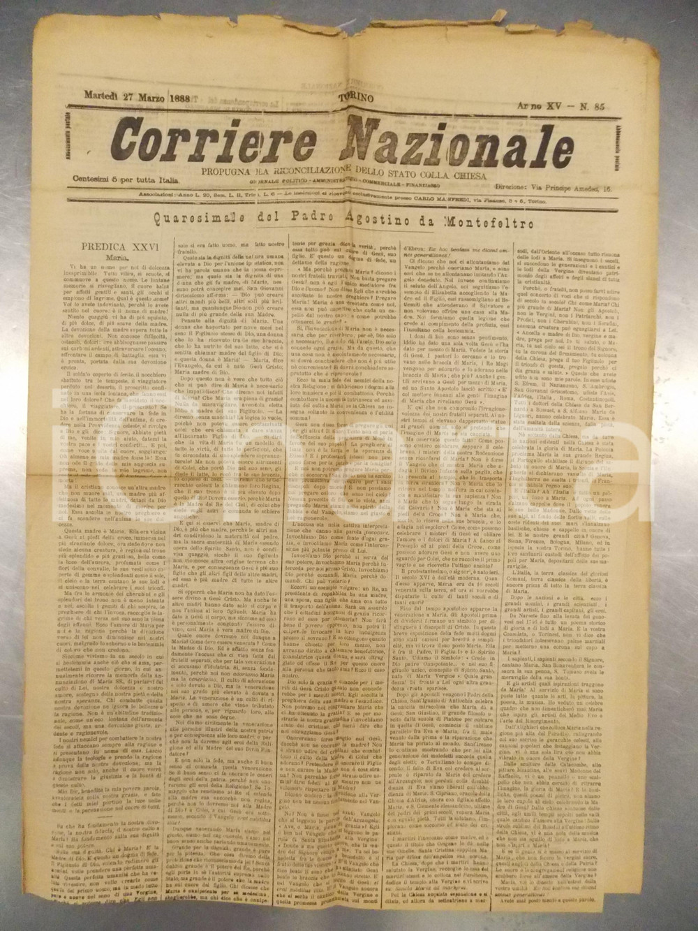 Giornale, rivista storica 1888 CORRIERE NAZIONALE Padre Agostino da MONTEFELTRO predica su MARIA Giornale 1