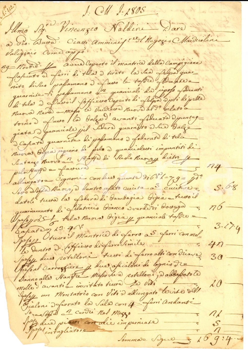Manoscritto, lettera originale 1805 FIRENZE Conto del valigiaio Giovanni Battista CIATTI Manoscritto 1