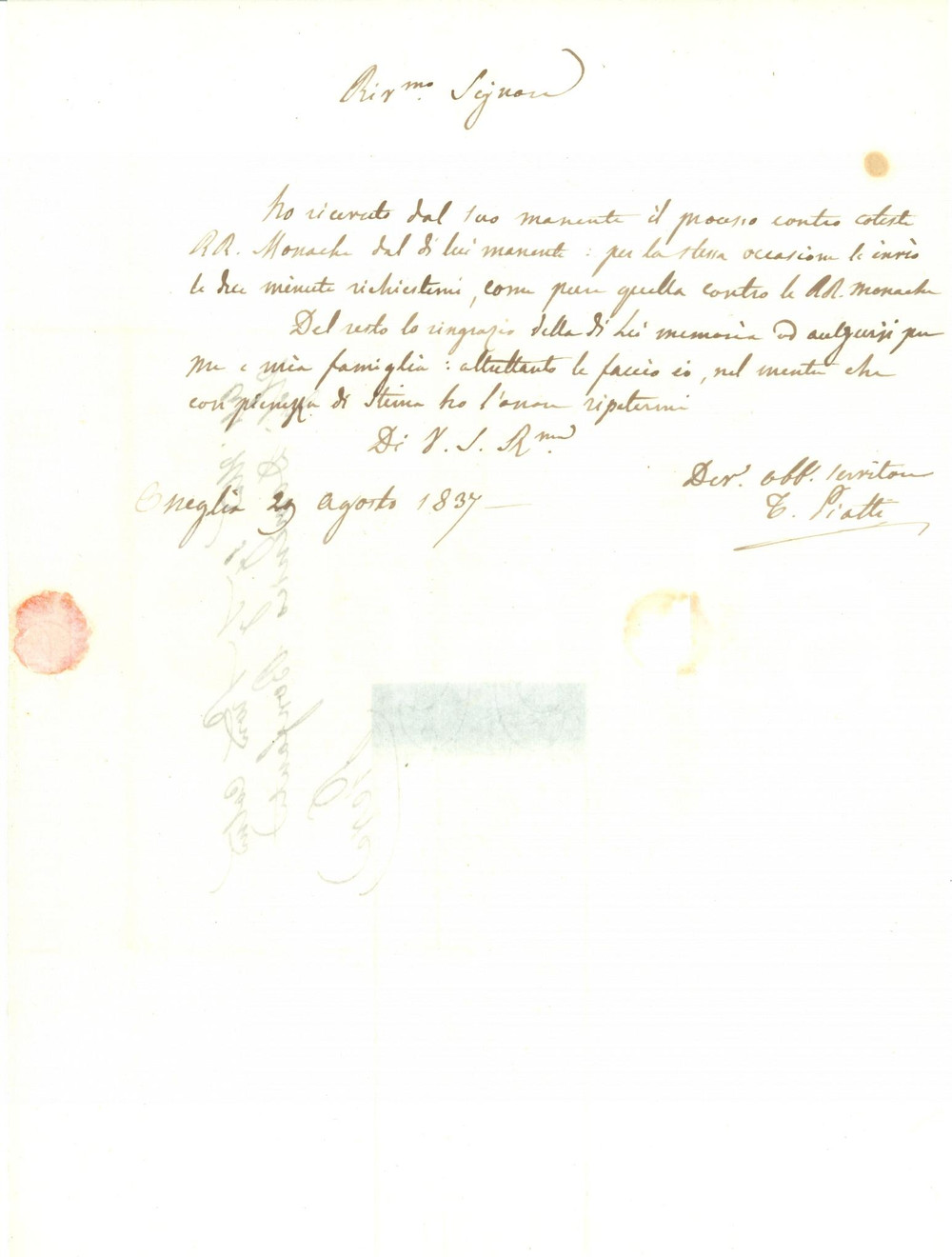 Documento originale, autentico 1837 ONEGLIA IM Domenico BONFANTE in lite con le monache Lettera 1
