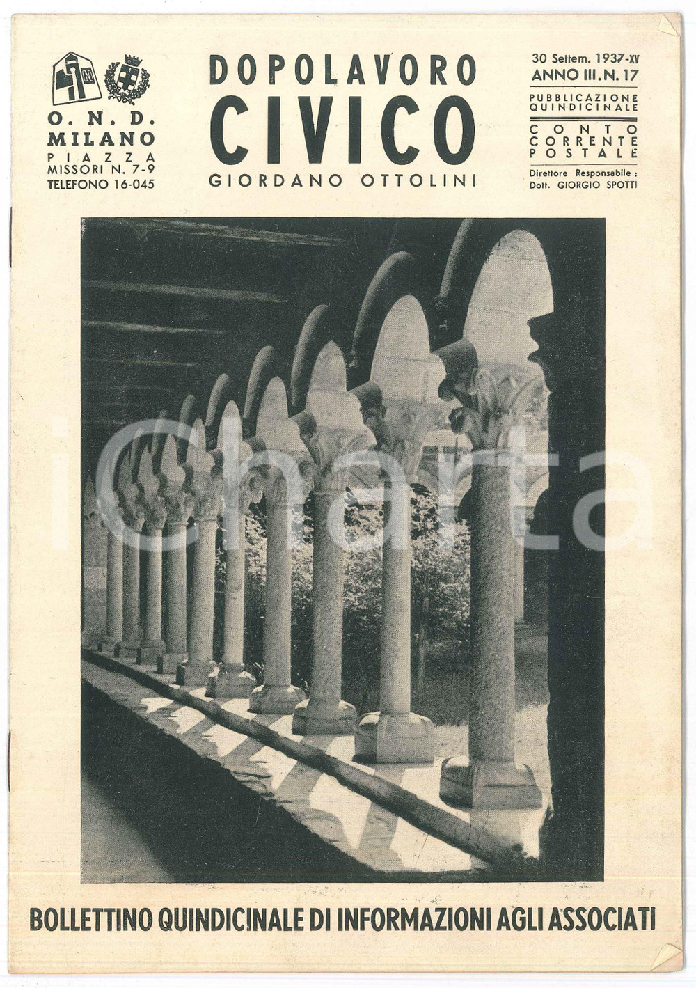 Giornale, rivista storica 1937 OND MILANO  Dopolavoro Civico Giordano OTTOLINI  Milanino cittÃ  giardino 1