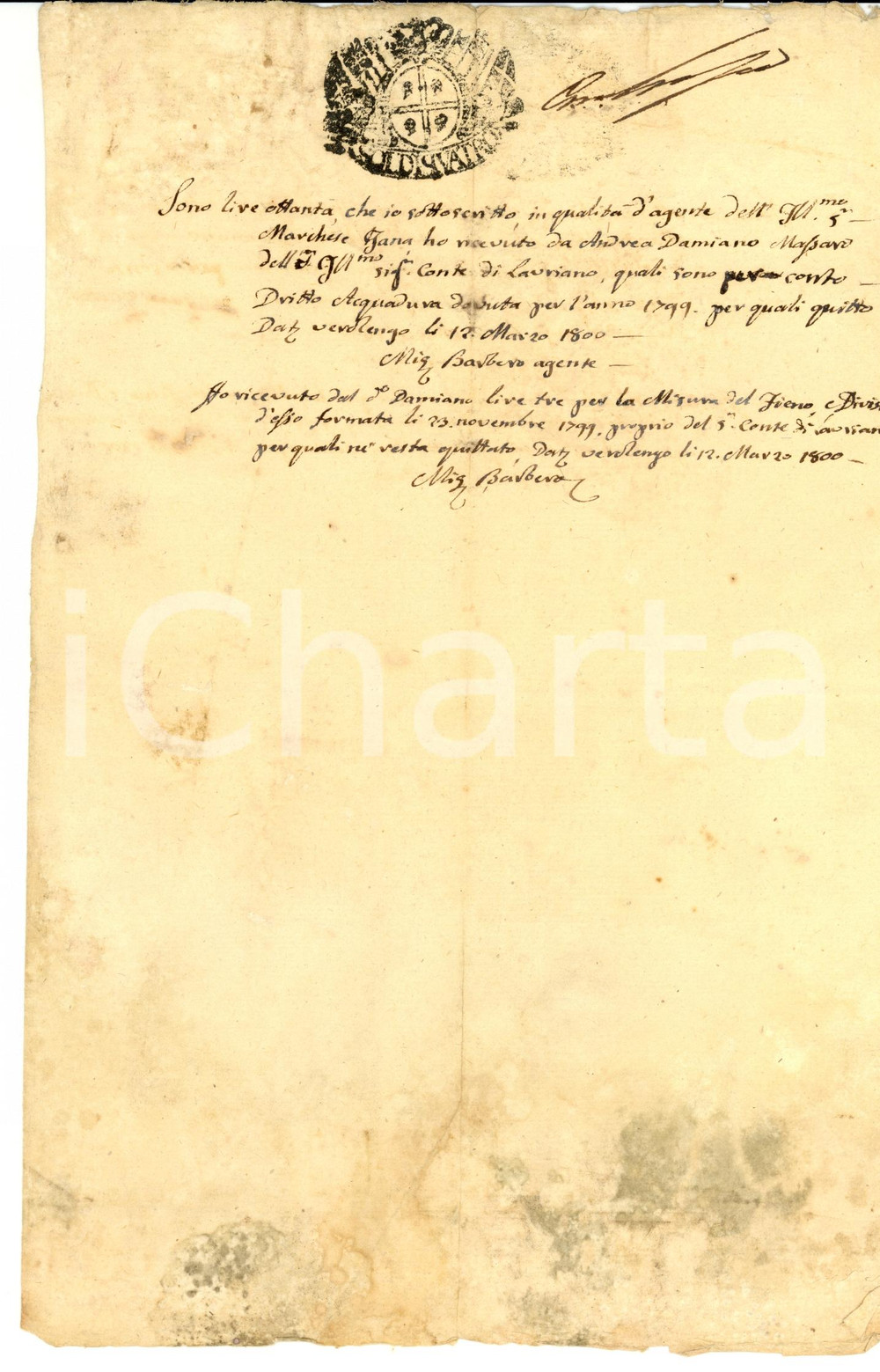 Documento originale, autentico 1800 VEROLENGO TO Diritti sulle acque a marchese TANA 1
