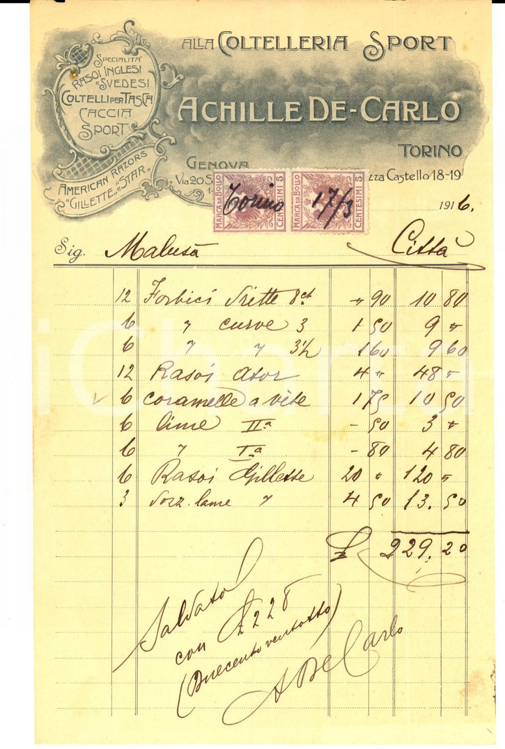 Documento originale, autentico 1916 TORINO Coltelleria sport Achille DECARLO razors GILLETTE Fattura 1