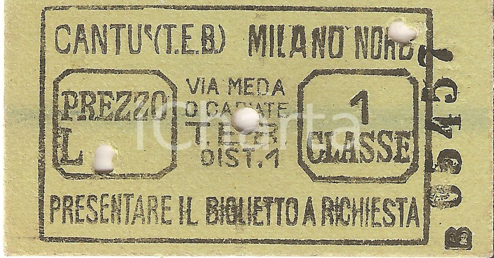Documento originale, autentico 1950 CANTU  CO FERROVIE NORD Biglietto ferroviario per MILANO NORD via MEDA 1