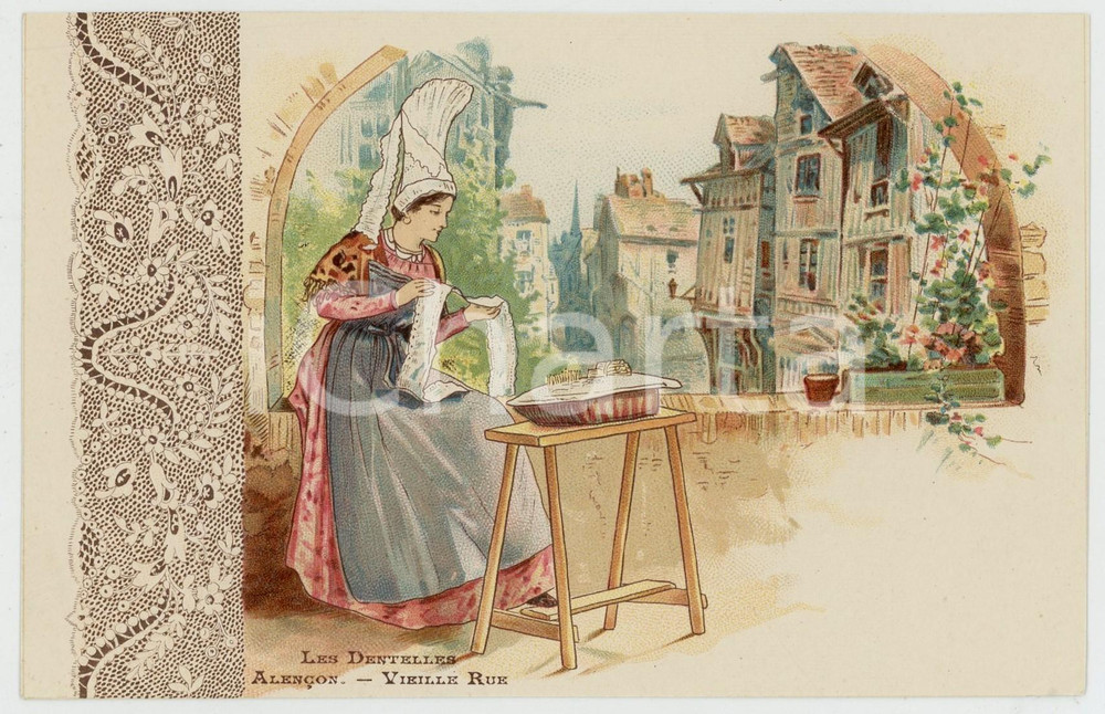 1910 ca LES DENTELLES - ALENÃ‡ON - Vieille rue - Postcard CPA Cartolina postale originale d'epoca, priva della stampa al verso, realizzata per essere successivamente personalizzata a scopo pubblicitario. FAIR/discreto piccola impressione di inchiostro al verso; piccola piegatura angolare Formato: 14x9 cm originale e autentica 1