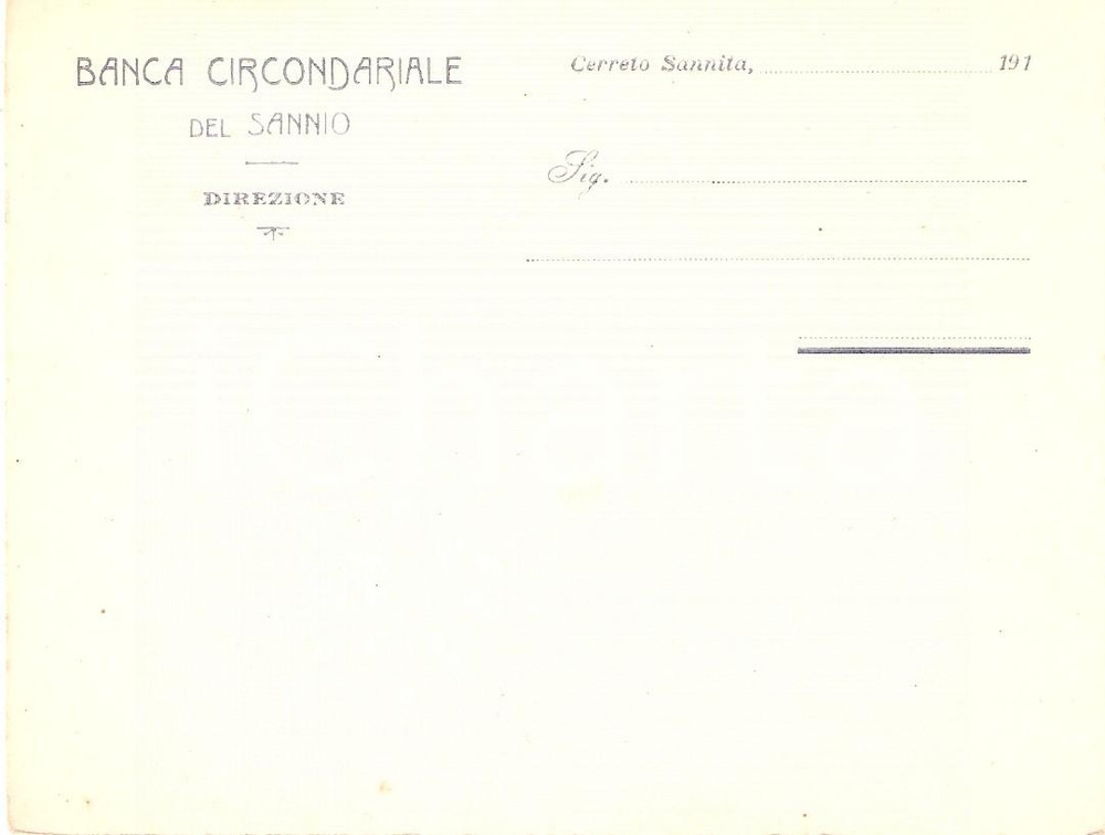 Oggetto da collezione cartaceo 1910 ca CERRETO SANNITA CN Banca circondariale del SANNIO Biglietto 13x10 cm 1