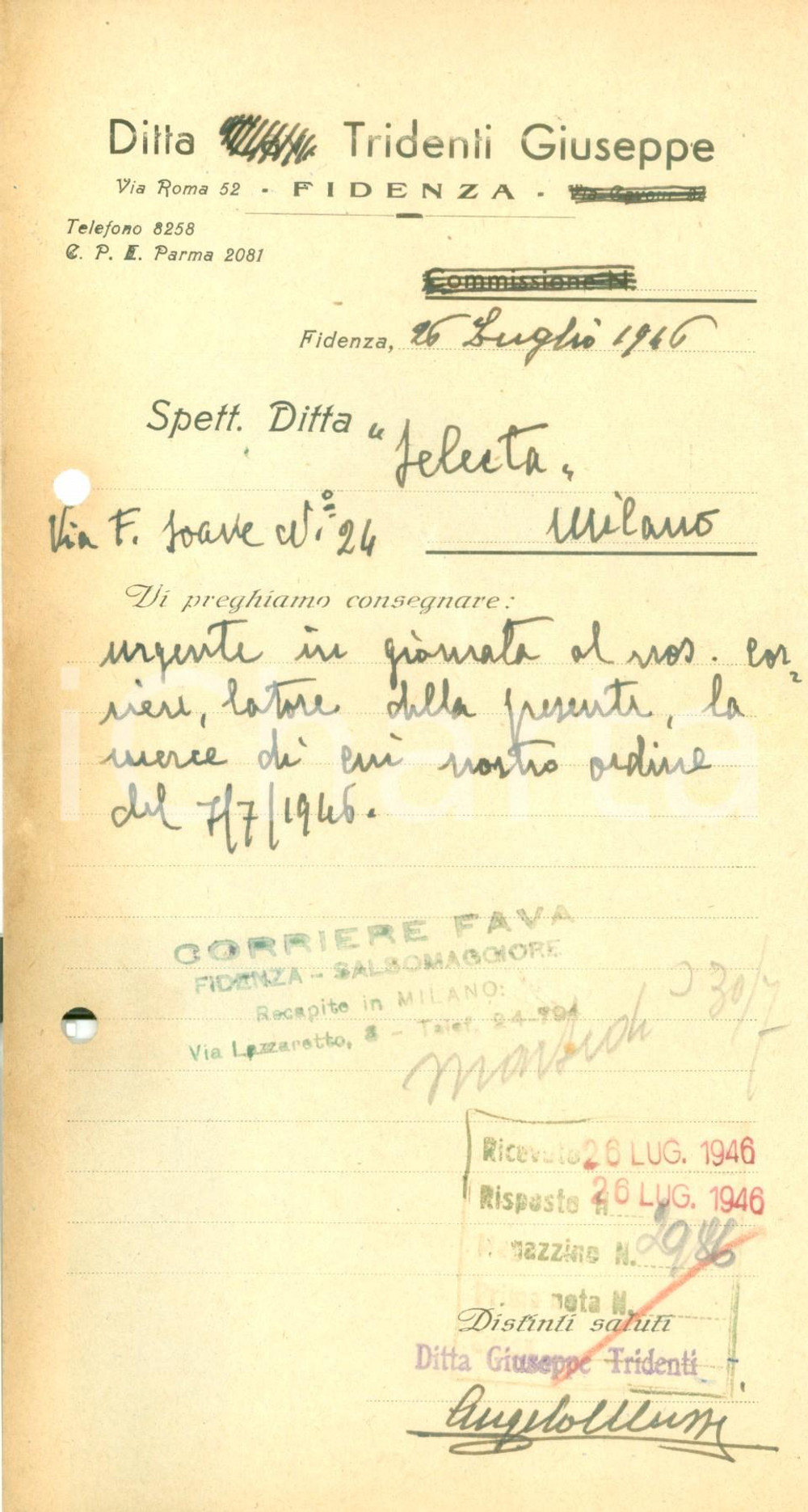 Documento originale, autentico 1946 FIDENZA (PR) Ditta TRIDENTI Giuseppe invia merce con Corriere FAVA 1