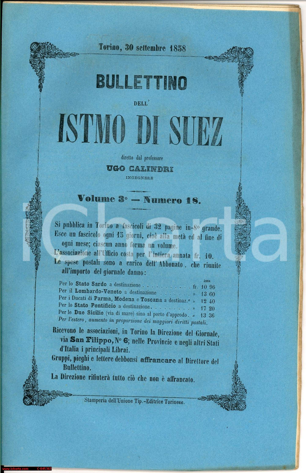 Giornale, rivista storica 1858 TORINO Bullettino dell istmo di SUEZ rivista bisettimanale RARA 1