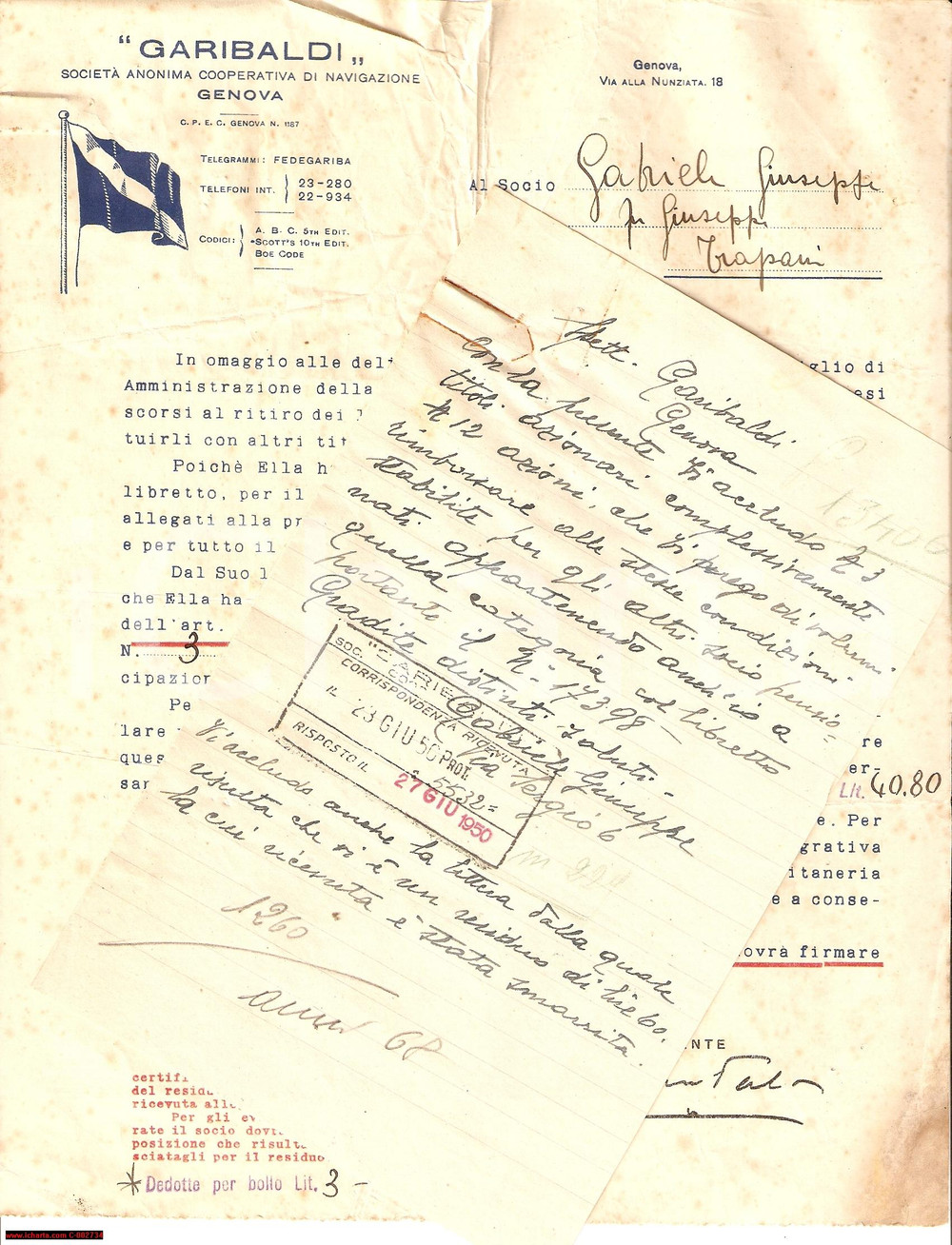 Manoscritto, lettera originale 1940 GENOVA SocietÃ  GARIBALDI - Lettera a Giuseppe GABRIELI per libretti 1