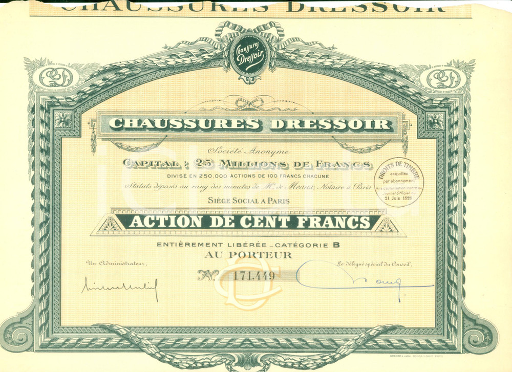 Oggetto da collezione cartaceo 1928 PARIS Chaussures Dressoir SociÃ©tÃ© Anonyme Action de cent francs 1