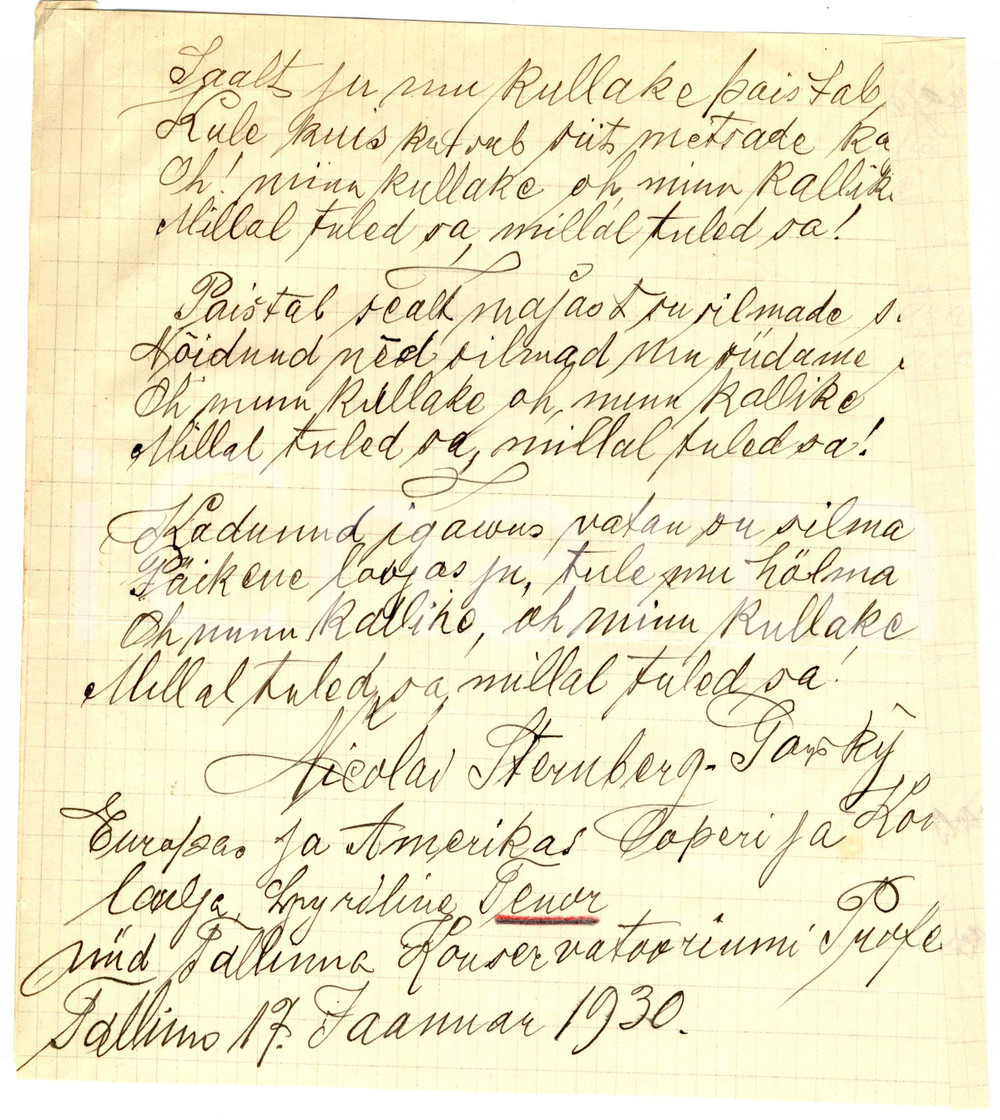 Autografo originale 1930 TALLINN Tenor Nicolai STERNBERG-GORSKI - Autograph 1
