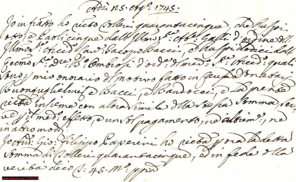Documento originale, autentico 1745 AREZZO Onorario avvocato Giovanni Filippo PAPERINI  Ricevuta 1