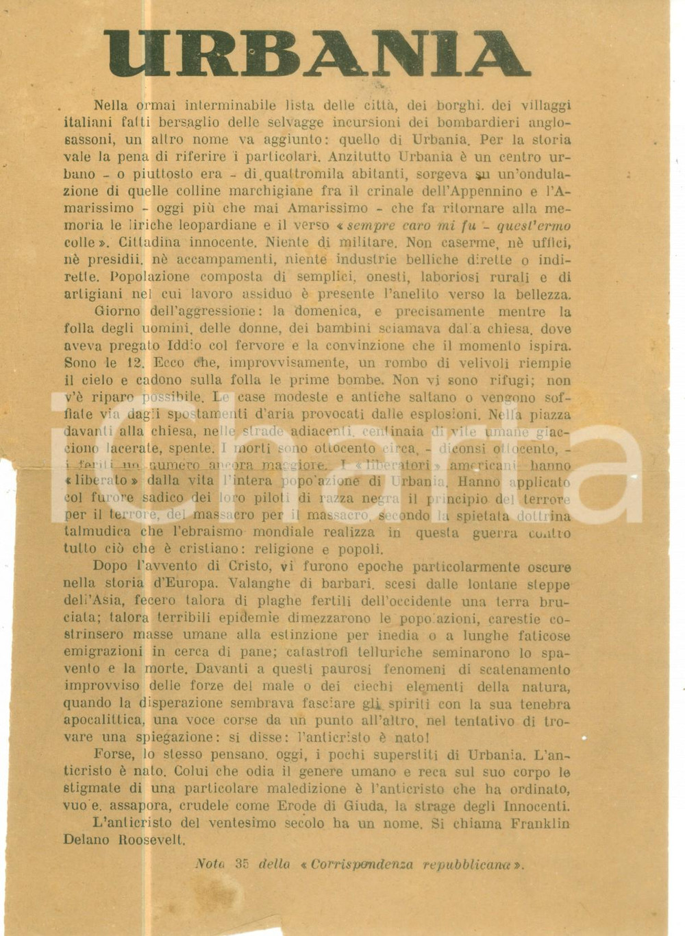 Documento originale, autentico 1944 URBANIA PU Franklin Delano ROOSEVELT è l Anticristo Volantino DANNEGGIATO 1