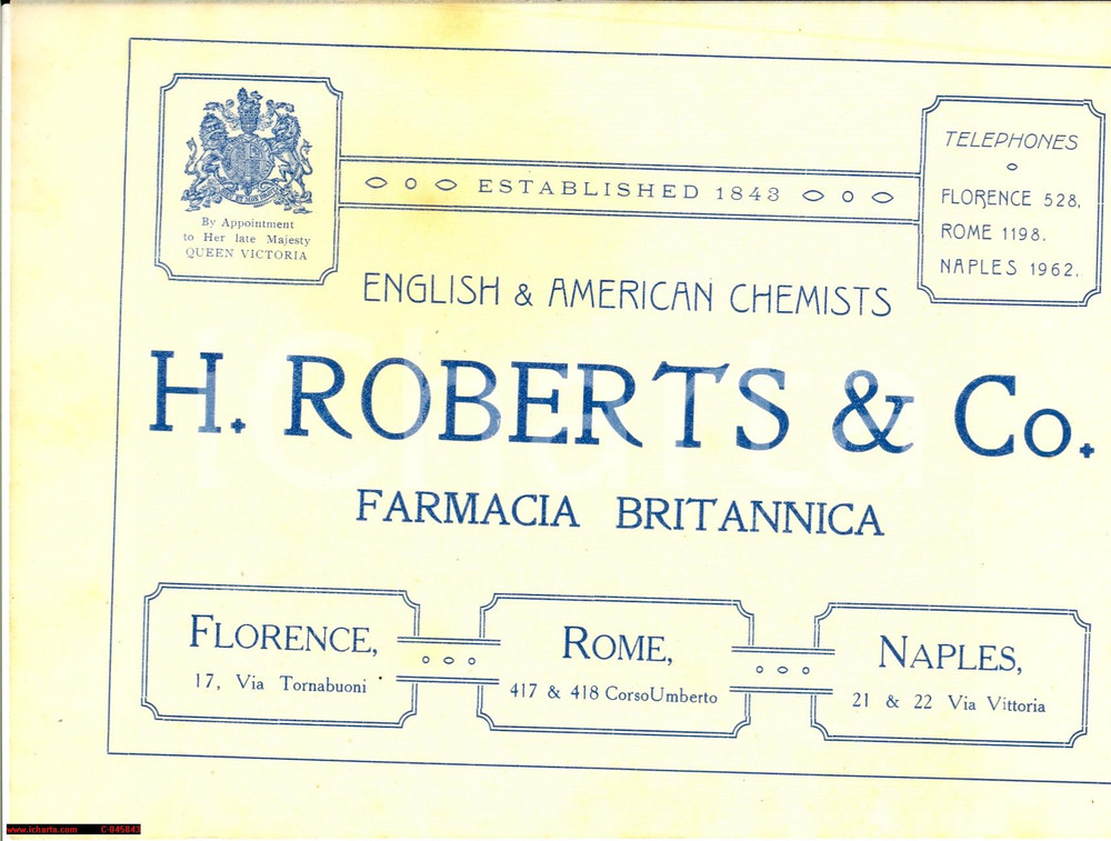 Materiale pubblicitario d’epoca 1920 ca FIRENZE English chemists H. ROBERTS & Co. 1
