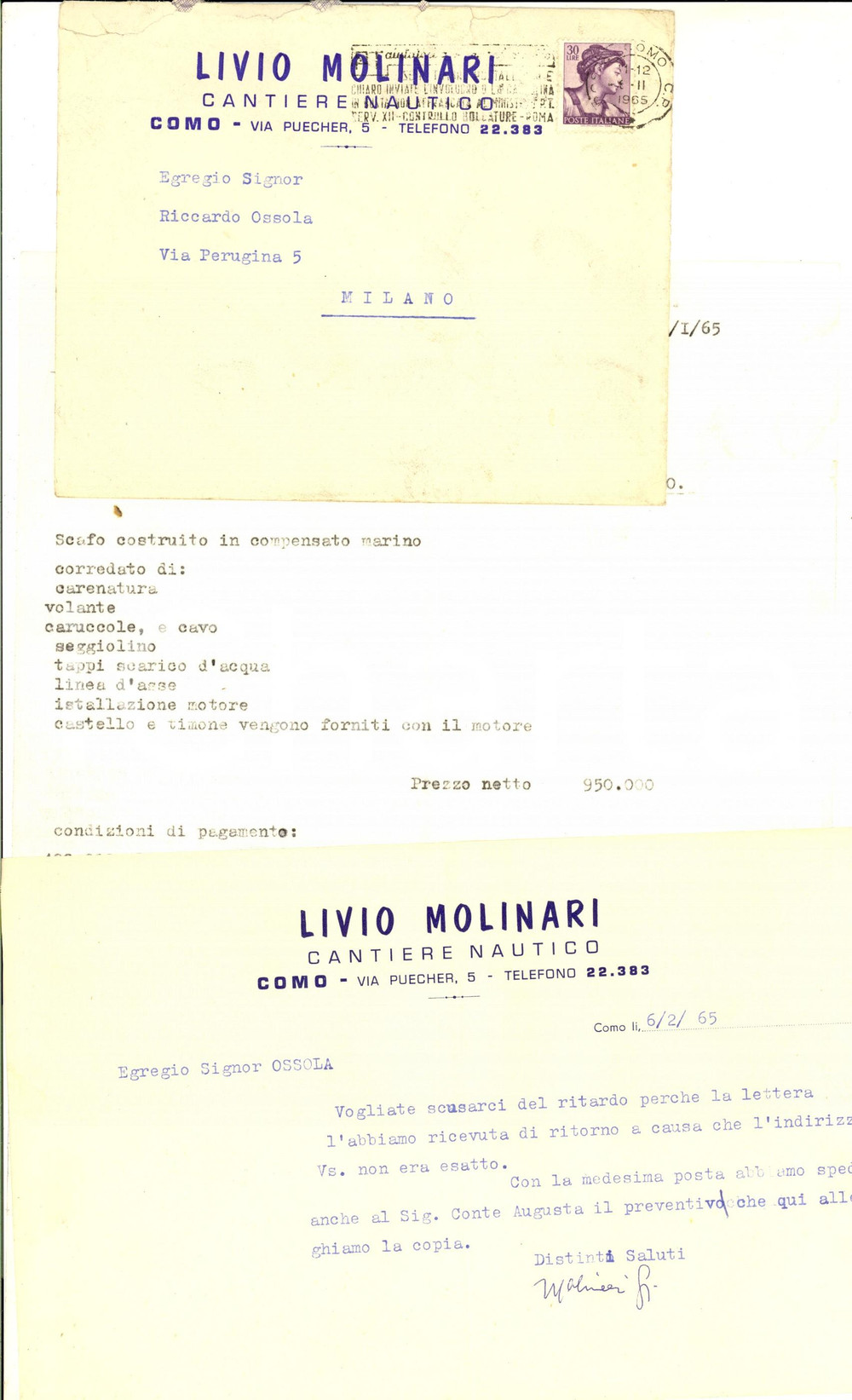 Manoscritto, lettera originale 1965 COMO Cantiere nautico Livio MOLINARI Preventivo scafo tre punte Lettera 1