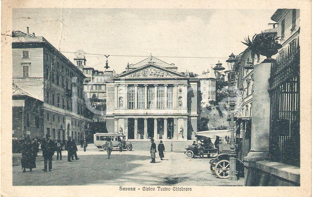 Cartolina originale da collezione 1925 SAVONA Civico Teatro CHIABRERA Animata Cartolina DANNEGGIATA FP VG 1