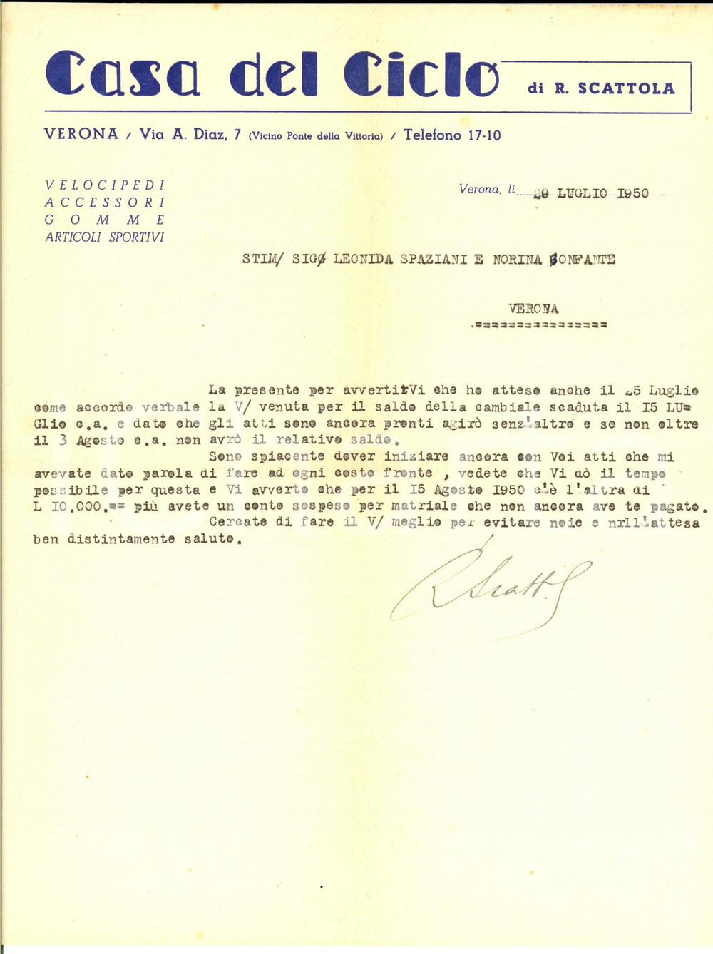 Manoscritto, lettera originale 1950 VERONA CASA DEL CICLO di R. SCATTOLA Lettera commerciale su carta intestata 1