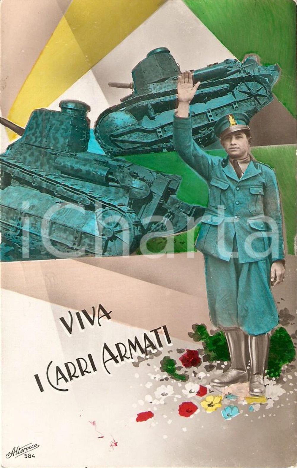 Cartolina originale da collezione 1941 WW2 PROPAGANDA DI GUERRA Viva i carri armati *Cartolina ILLUSTRATA FP NV 1