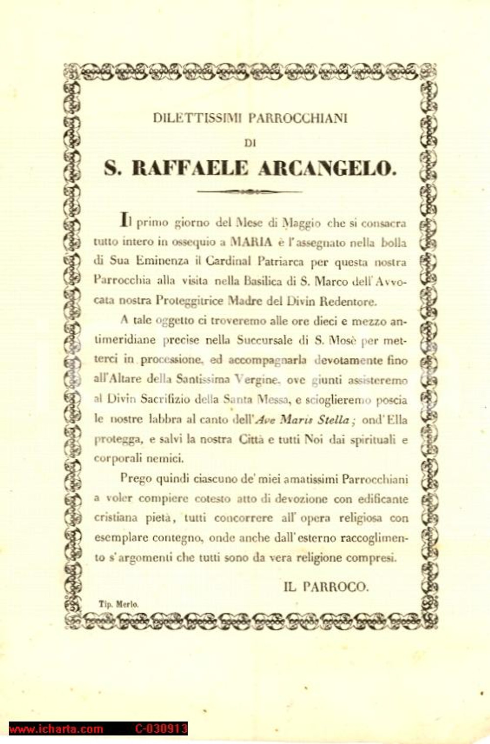 Documento originale, autentico 1880 (?) VENEZIA Parrocchia San Raffaele Arcangelo 1