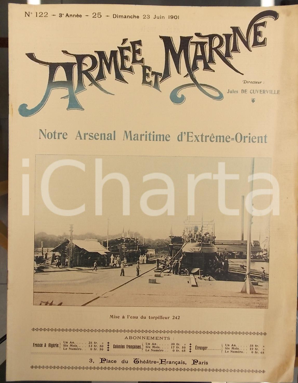 1901 ARMEE ET MARINE Arsenal maritime d'Extreme Orient *Revue annÃ©e III nÂ° 122  DATA: 23 giugno 1901 LUOGO: PARIGI  TITOLO: ARMEE ET MARINE - Arsenale marittimo dell'Estremo Oriente Anno III - n&deg; 122  DESCRIZIONE: Rivista settimanale d'epoca illustrata, dedicata alla Marine Nationale e all'Arm&eacute;e de terre. In copertina un'immagine dell'immersione in mare della torpediniera 242.Pubblicit&agrave; d'epoca all'interno.  PAGINE: 16  FORMATO: cm 26 x 34  CONDIZIONI: buone (ma bruniture al margine destro)  Pubblicazione d'epoca, originale, autentica.     originale e autentica 1