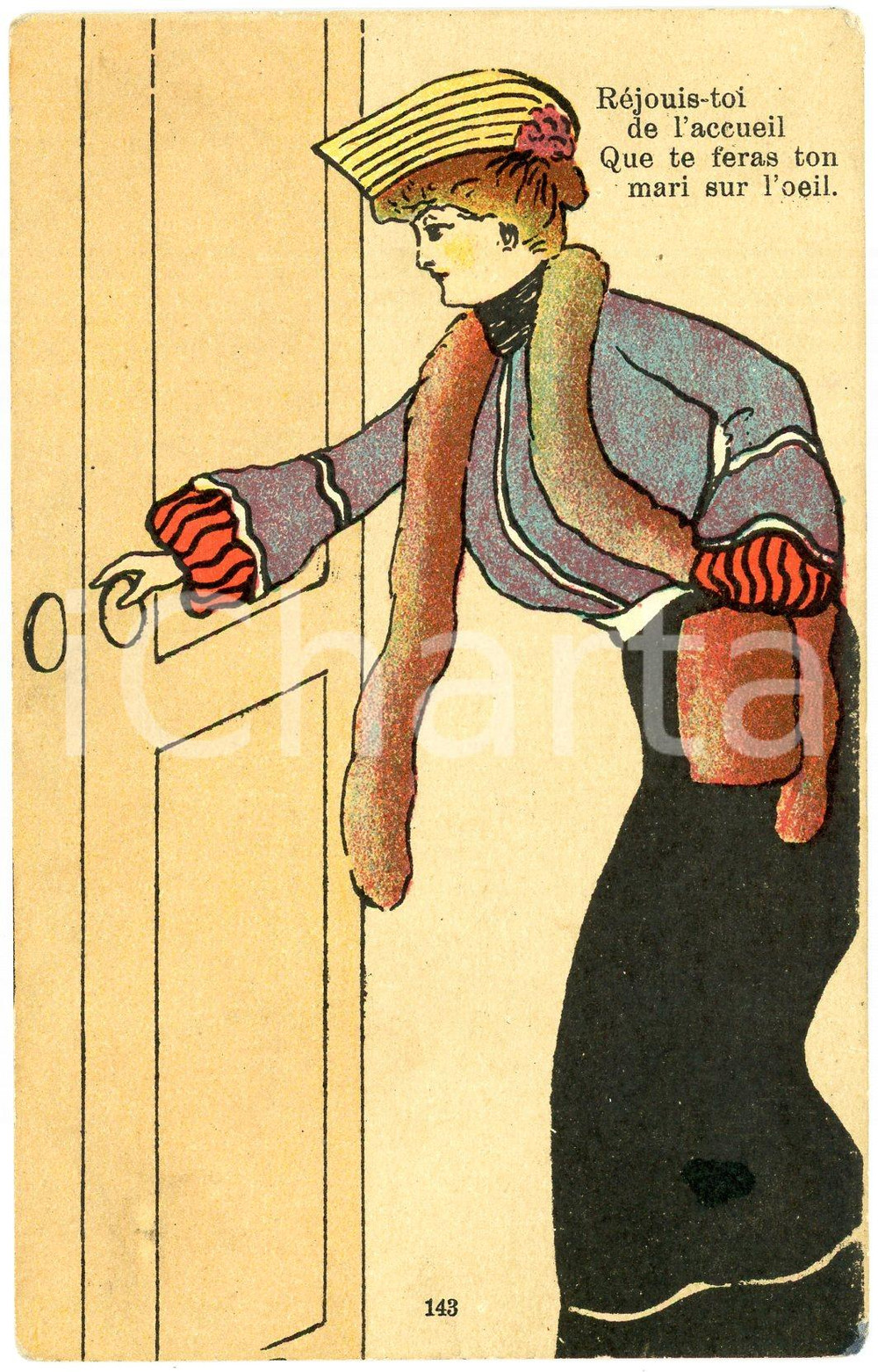1900ca HUMOUR Réjouis-toi de l'accueil que te feras ton mari sur l'oeil POSTCARD Cartolina postale, non viaggiata. FAIR/discreto Lievi smussature agli angoli, macchie al recto Formato: FP originale e autentica 1