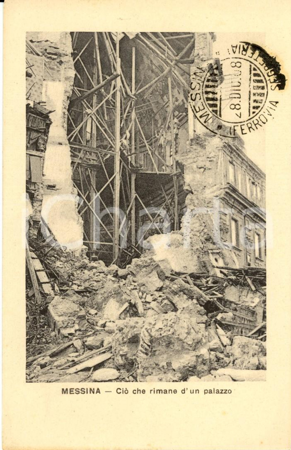 Cartolina originale da collezione 1908 MESSINA Palazzo distrutto da TERREMOTO Annullo celebrativo *Cartolina FP NV 1