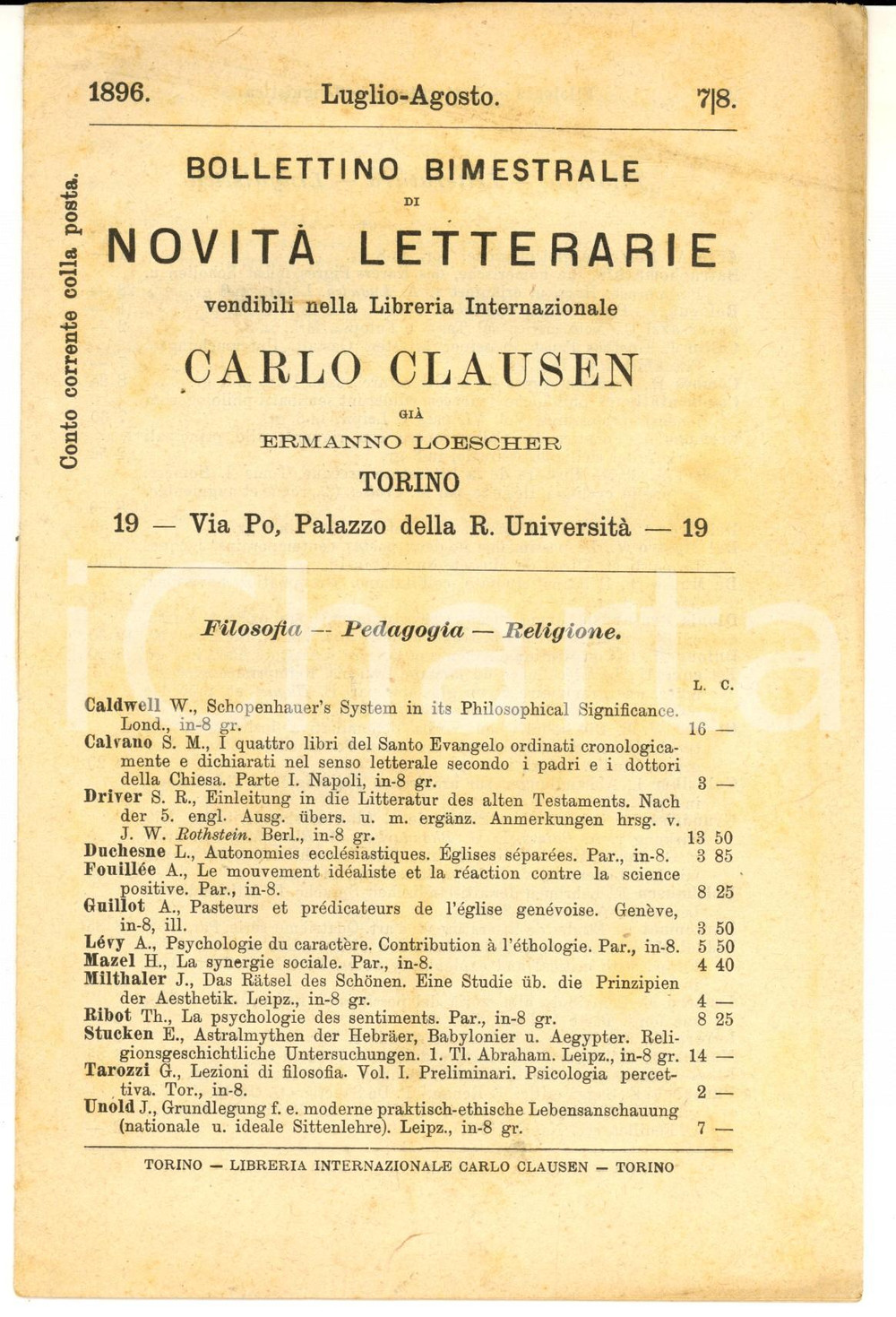 Libro, pubblicazione d epoca Luglio Agosto 1896 TORINO Catalogo libreria Carlo CLAUSEN Filosofia e religione 1
