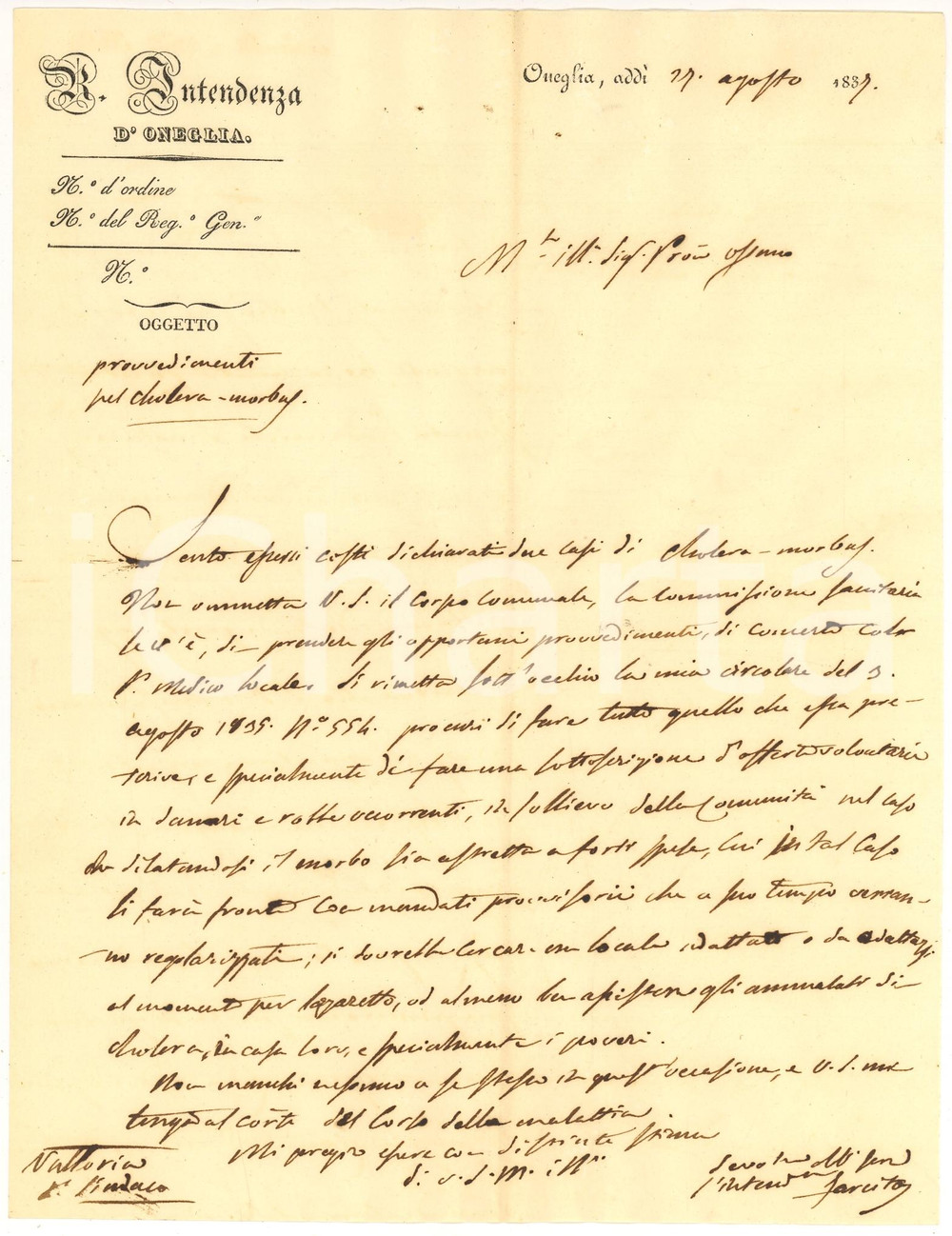 Documento originale, autentico 1837 VALLORIA Misure sanitarie contro epidemia colera 1