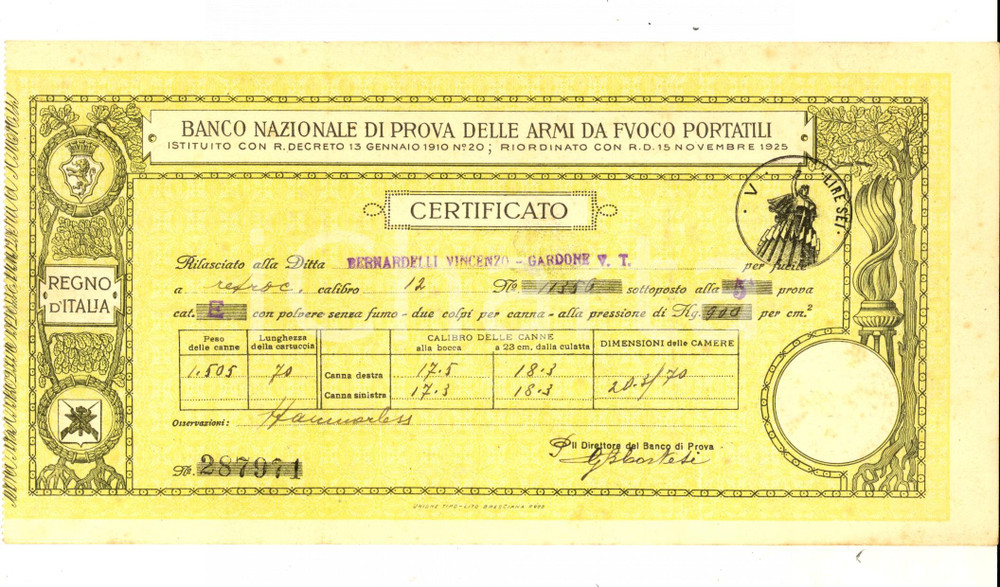 Documento originale, autentico 1940 ca GARDONE VAL TROMPIA Banco Prova ARMI DA FUOCO Ricevuta ditta BERNARDELLI 1