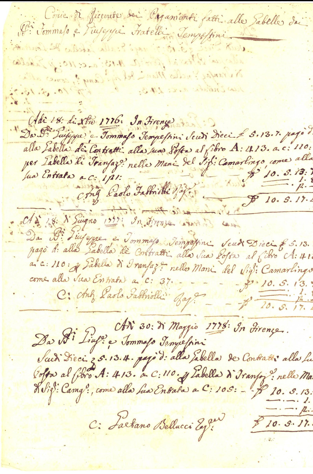 Documento originale, autentico 1778 FIRENZE Tommaso e Giuseppe TEMPESTINI alla Gabella dei Contratti 1