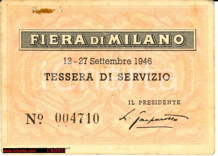 Oggetto da collezione cartaceo 1946 Fiera Milano Tessera  avv. Luigi Gasparotto 1