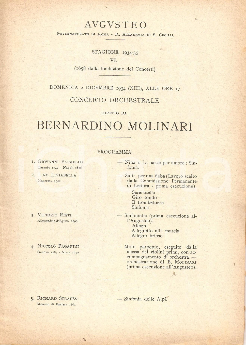 Documento originale, autentico 1934 ROMA Teatro AUGUSTEO Concerto orchestrale diretto da Bernardino MOLINARI 1
