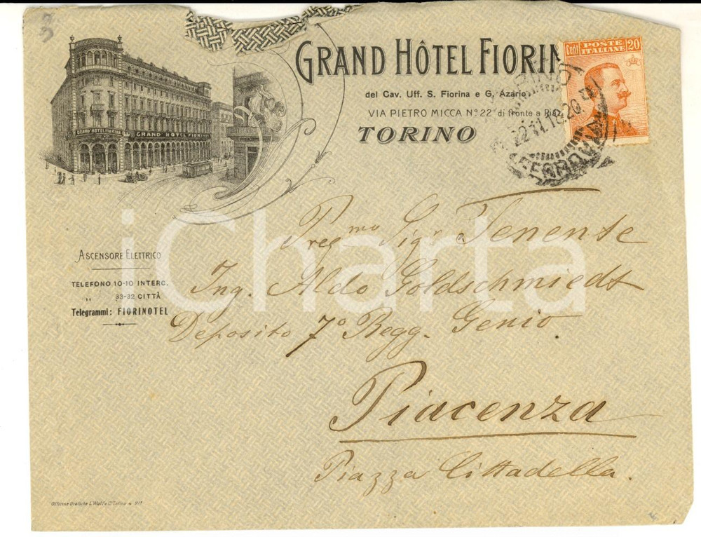 Materiale pubblicitario d’epoca 1918 TORINO STORIA POSTALE Grand Hotel FIORINA Busta intestata 1